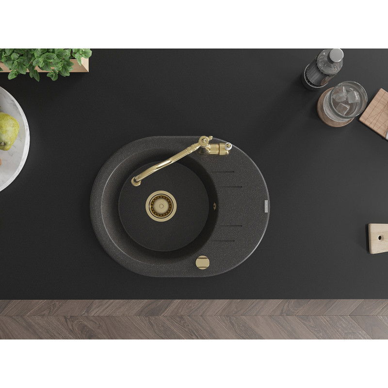 Mexen Kevin zlewozmywak granitowy 1-komorowy z ociekaczem i baterią kuchenną Carla, czarny nakrapiany - 6517-76-670700-50