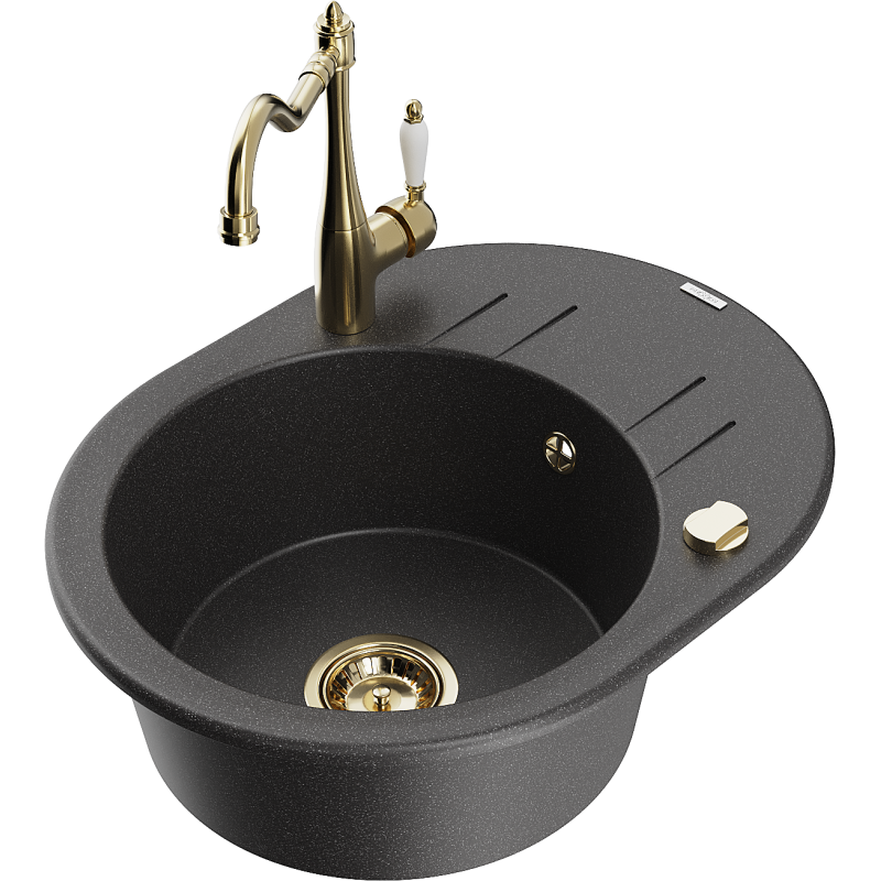 Mexen Kevin zlewozmywak granitowy 1-komorowy z ociekaczem i baterią kuchenną Carla, czarny nakrapiany - 6517-76-670700-50