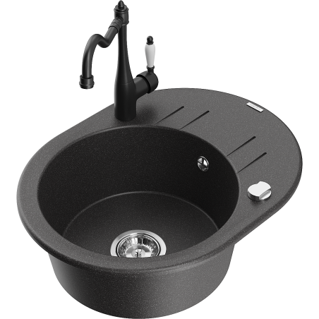 Mexen Kevin zlewozmywak granitowy 1-komorowy z ociekaczem i baterią kuchenną Carla, czarny nakrapiany - 6517-76-670700-70