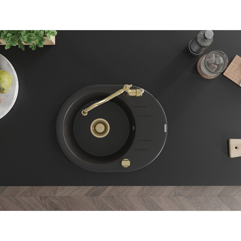 Mexen Kevin zlewozmywak granitowy 1-komorowy z ociekaczem i baterią kuchenną Carla, czarny - 6517-77-670700-50