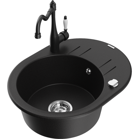 Mexen Kevin zlewozmywak granitowy 1-komorowy z ociekaczem i baterią kuchenną Carla, czarny - 6517-77-670700-70