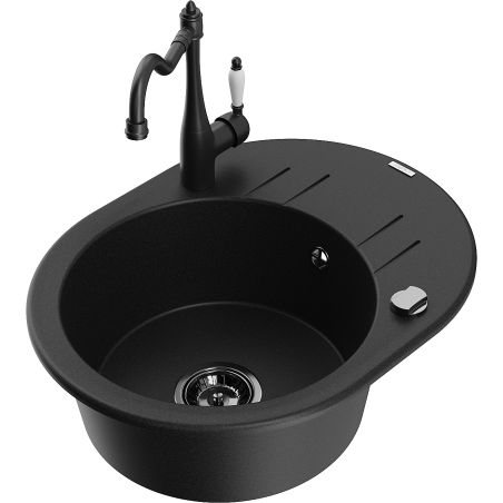 Mexen Kevin zlewozmywak granitowy 1-komorowy z ociekaczem i baterią kuchenną Carla, czarny - 6517-77-670700-70-B