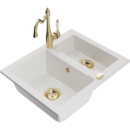 Mexen Carlos zlewozmywak granitowy 1,5-komorowy z baterią kuchenną Carla, biały - 6518-20-670700-50