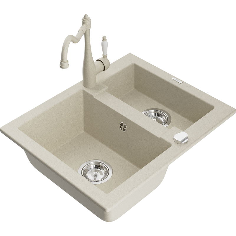 Mexen Carlos zlewozmywak granitowy 1,5-komorowy z baterią kuchenną Carla, beżowy - 6518-69-670700-69