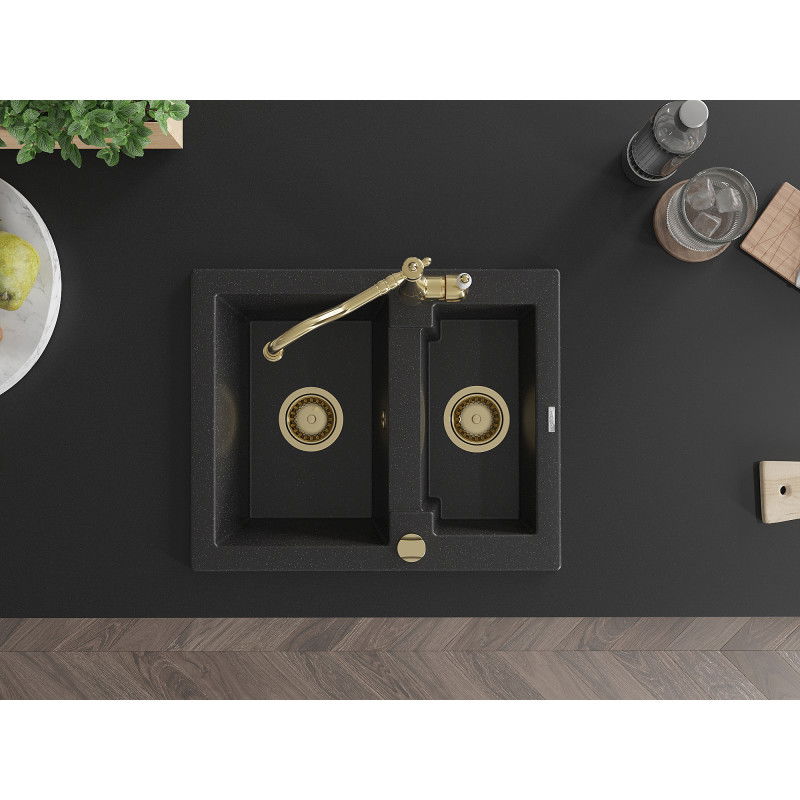 Mexen Carlos zlewozmywak granitowy 1,5-komorowy z baterią kuchenną Carla, czarny/srebrny metalik - 6518-73-670700-50