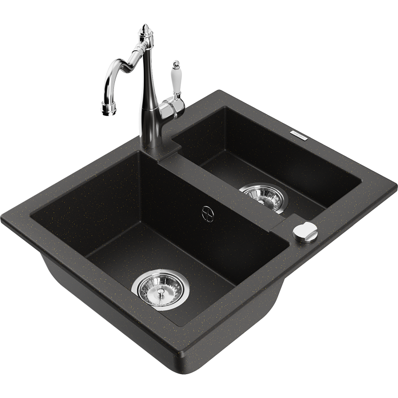 Mexen Carlos zlewozmywak granitowy 1,5-komorowy z baterią kuchenną Carla, czarny/złoty metalik - 6518-75-670700-00