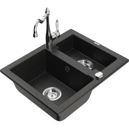 Mexen Carlos zlewozmywak granitowy 1,5-komorowy z baterią kuchenną Carla, czarny/złoty metalik - 6518-75-670700-00