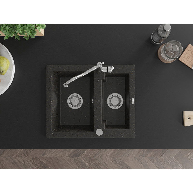 Mexen Carlos zlewozmywak granitowy 1,5-komorowy z baterią kuchenną Carla, czarny/złoty metalik - 6518-75-670700-00