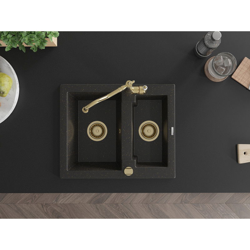 Mexen Carlos zlewozmywak granitowy 1,5-komorowy z baterią kuchenną Carla, czarny/złoty metalik - 6518-75-670700-50