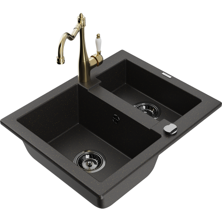 Mexen Carlos zlewozmywak granitowy 1,5-komorowy z baterią kuchenną Carla, czarny/złoty metalik - 6518-75-670700-50-B