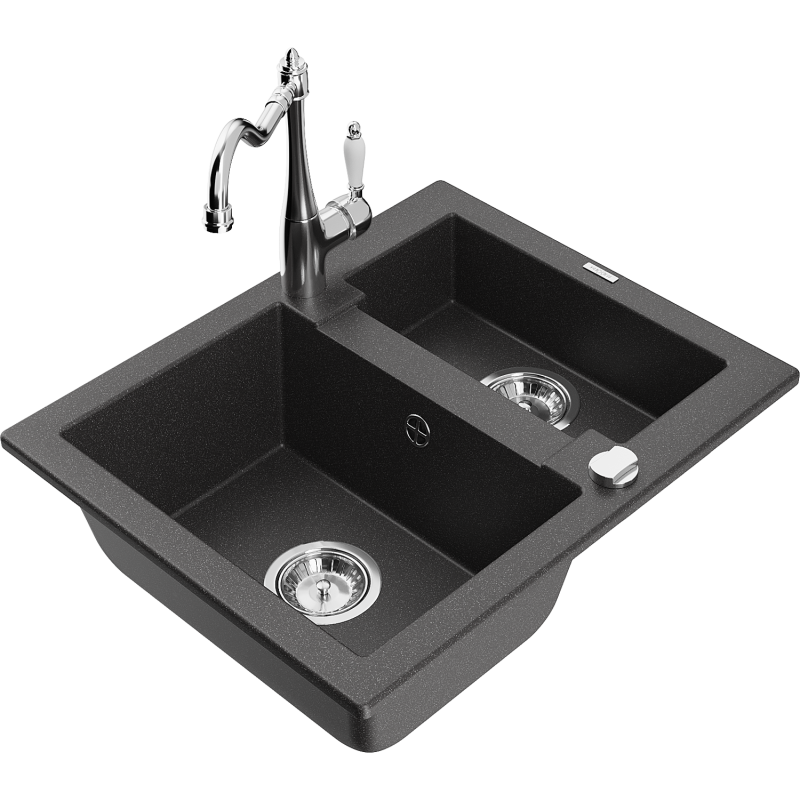 Mexen Carlos zlewozmywak granitowy 1,5-komorowy z baterią kuchenną Carla, czarny nakrapiany - 6518-76-670700-00