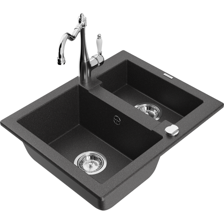 Mexen Carlos zlewozmywak granitowy 1,5-komorowy z baterią kuchenną Carla, czarny nakrapiany - 6518-76-670700-00