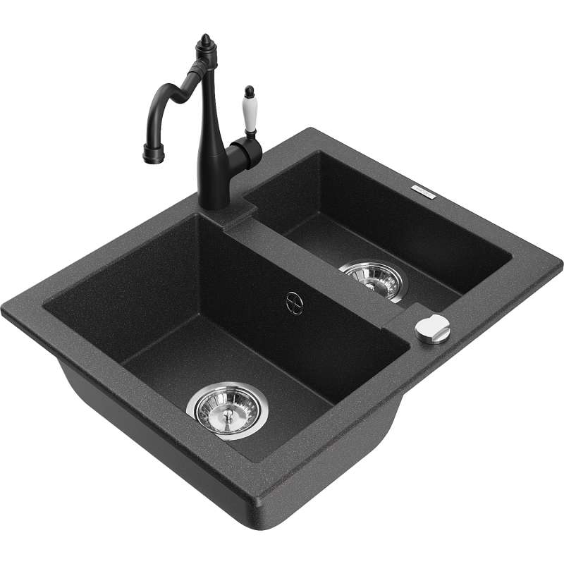 Mexen Carlos zlewozmywak granitowy 1,5-komorowy z baterią kuchenną Carla, czarny nakrapiany - 6518-76-670700-70