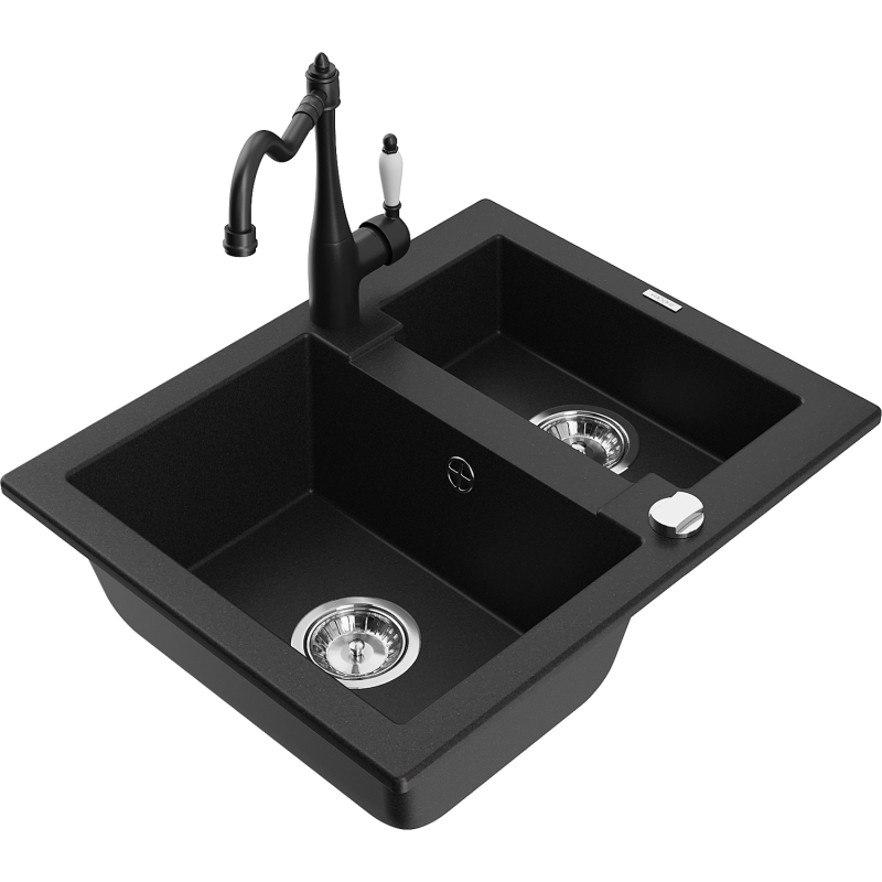 Mexen Carlos zlewozmywak granitowy 1,5-komorowy z baterią kuchenną Carla, czarny - 6518-77-670700-70