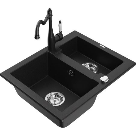 Mexen Carlos zlewozmywak granitowy 1,5-komorowy z baterią kuchenną Carla, czarny - 6518-77-670700-70