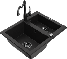 Mexen Carlos zlewozmywak granitowy 1,5-komorowy z baterią kuchenną Carla, czarny - 6518-77-670700-70-B