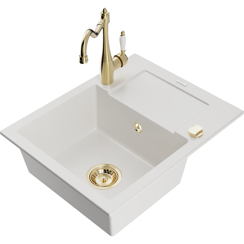 Mexen Enzo zlewozmywak granitowy 1-komorowy z ociekaczem i baterią kuchenną Carla, biały - 6506-20-670700-50