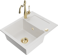 Mexen Enzo zlewozmywak granitowy 1-komorowy z ociekaczem i baterią kuchenną Carla, biały - 6506-20-670700-50