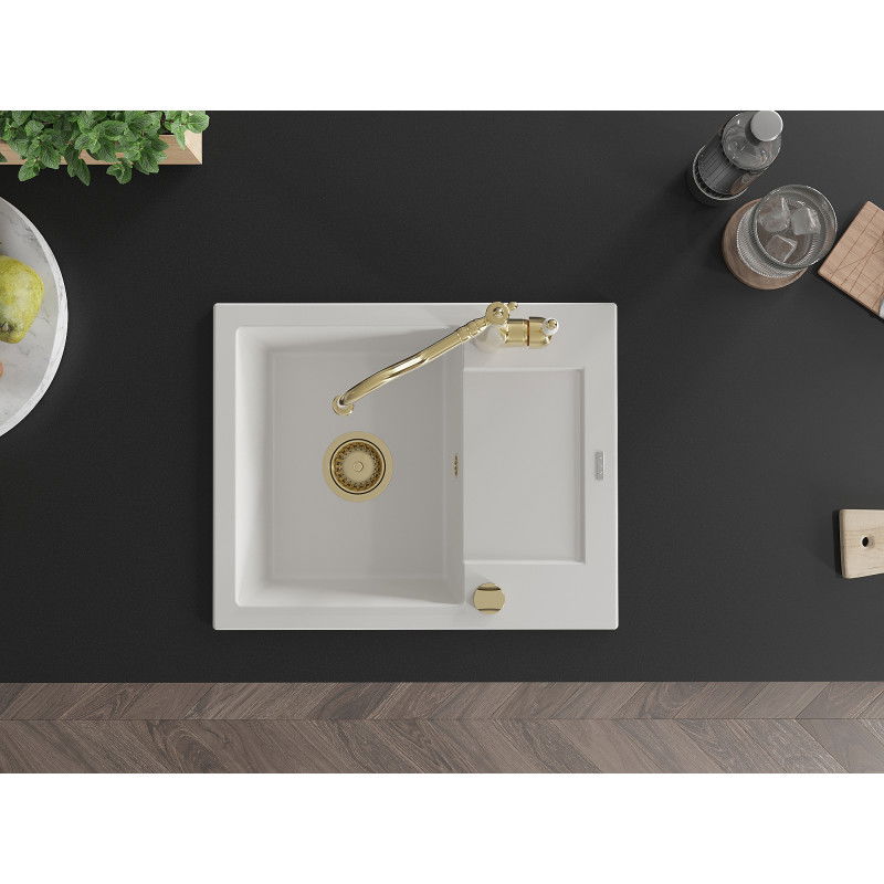 Mexen Enzo zlewozmywak granitowy 1-komorowy z ociekaczem i baterią kuchenną Carla, biały - 6506-20-670700-50