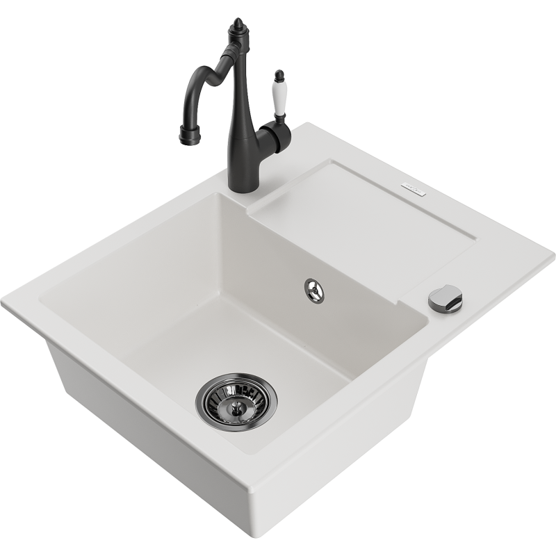 Mexen Enzo zlewozmywak granitowy 1-komorowy z ociekaczem i baterią kuchenną Carla, biały - 6506-20-670700-70