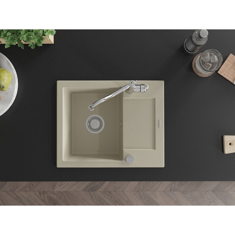 Mexen Enzo zlewozmywak granitowy 1-komorowy z ociekaczem i baterią kuchenną Carla, beżowy - 6506-69-670700-00