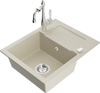 Mexen Enzo zlewozmywak granitowy 1-komorowy z ociekaczem i baterią kuchenną Carla, beżowy - 6506-69-670700-00