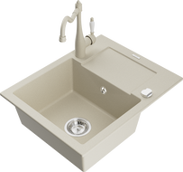 Mexen Enzo zlewozmywak granitowy 1-komorowy z ociekaczem i baterią kuchenną Carla, beżowy - 6506-69-670700-69