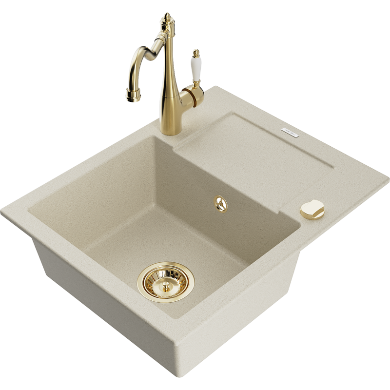 Mexen Enzo zlewozmywak granitowy 1-komorowy z ociekaczem i baterią kuchenną Carla, beżowy - 6506-69-670700-50