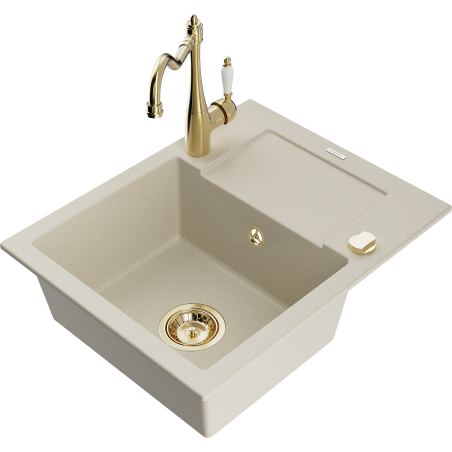 Mexen Enzo zlewozmywak granitowy 1-komorowy z ociekaczem i baterią kuchenną Carla, beżowy - 6506-69-670700-50