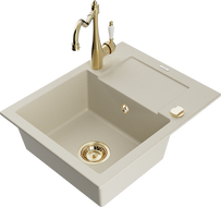 Mexen Enzo zlewozmywak granitowy 1-komorowy z ociekaczem i baterią kuchenną Carla, beżowy - 6506-69-670700-50