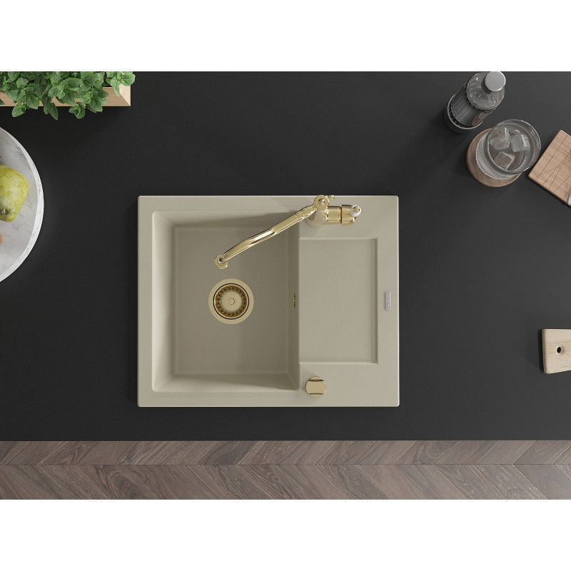 Mexen Enzo zlewozmywak granitowy 1-komorowy z ociekaczem i baterią kuchenną Carla, beżowy - 6506-69-670700-50
