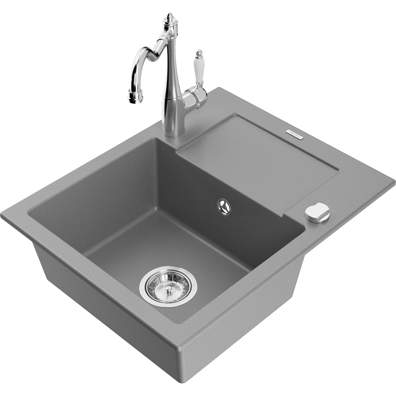 Mexen Enzo zlewozmywak granitowy 1-komorowy z ociekaczem i baterią kuchenną Carla, szary - 6506-71-670700-00