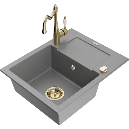 Mexen Enzo zlewozmywak granitowy 1-komorowy z ociekaczem i baterią kuchenną Carla, szary - 6506-71-670700-50