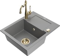 Mexen Enzo zlewozmywak granitowy 1-komorowy z ociekaczem i baterią kuchenną Carla, szary - 6506-71-670700-50