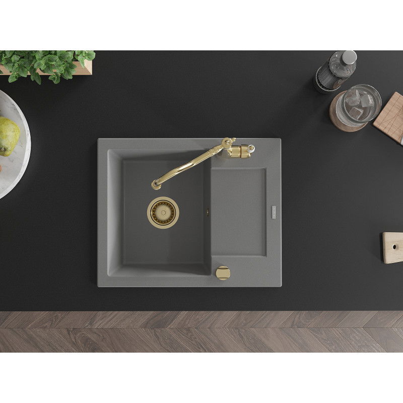 Mexen Enzo zlewozmywak granitowy 1-komorowy z ociekaczem i baterią kuchenną Carla, szary - 6506-71-670700-50