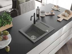 Mexen Enzo zlewozmywak granitowy 1-komorowy z ociekaczem i baterią kuchenną Carla, szary - 6506-71-670700-70