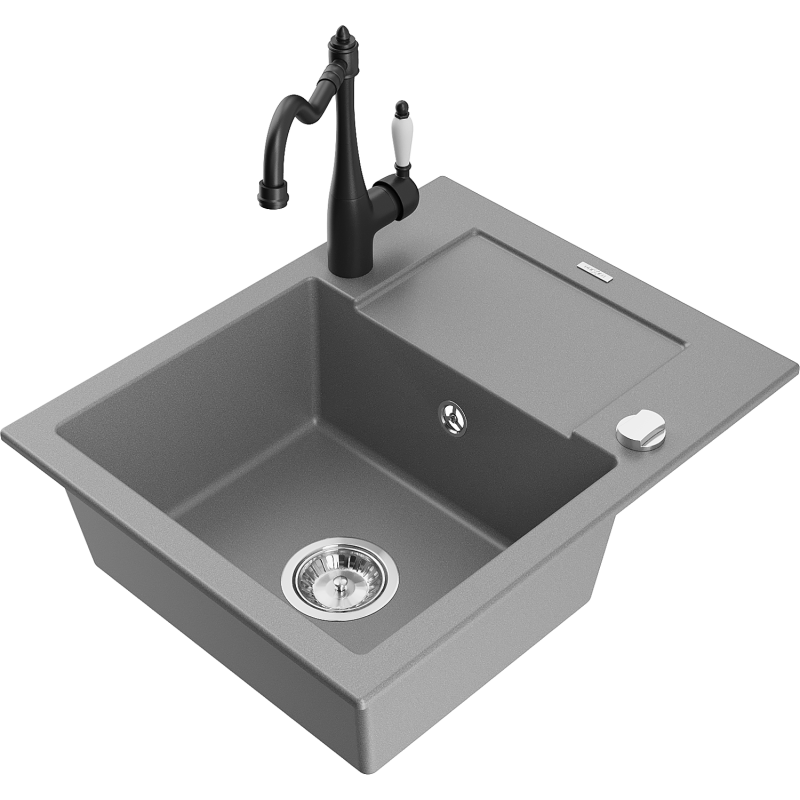 Mexen Enzo zlewozmywak granitowy 1-komorowy z ociekaczem i baterią kuchenną Carla, szary - 6506-71-670700-70
