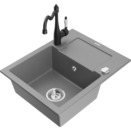 Mexen Enzo zlewozmywak granitowy 1-komorowy z ociekaczem i baterią kuchenną Carla, szary - 6506-71-670700-70