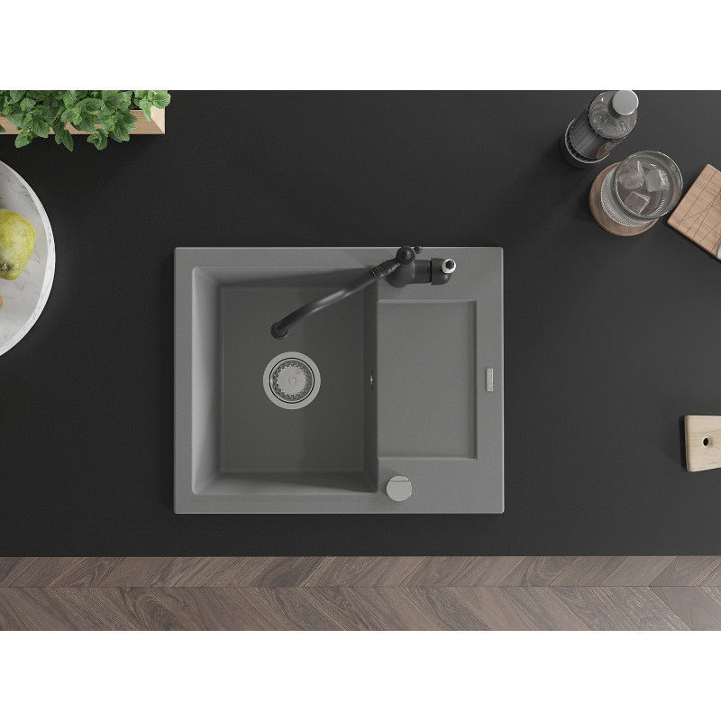 Mexen Enzo zlewozmywak granitowy 1-komorowy z ociekaczem i baterią kuchenną Carla, szary - 6506-71-670700-70