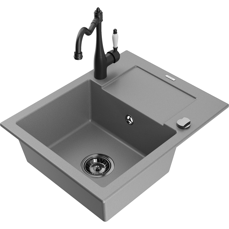 Mexen Enzo zlewozmywak granitowy 1-komorowy z ociekaczem i baterią kuchenną Carla, szary - 6506-71-670700-70-B