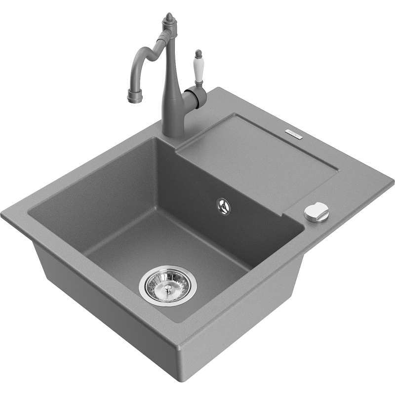 Mexen Enzo zlewozmywak granitowy 1-komorowy z ociekaczem i baterią kuchenną Carla, szary - 6506-71-670700-71