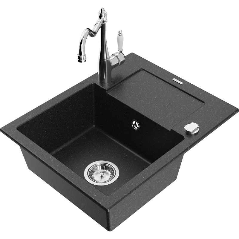 Mexen Enzo zlewozmywak granitowy 1-komorowy z ociekaczem i baterią kuchenną Carla, czarny/srebrny metalik - 6506-73-670700-00