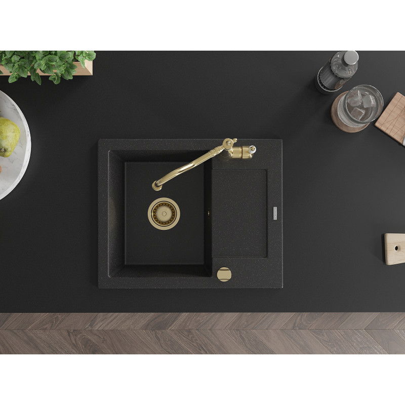 Mexen Enzo zlewozmywak granitowy 1-komorowy z ociekaczem i baterią kuchenną Carla, czarny/srebrny metalik - 6506-73-670700-50