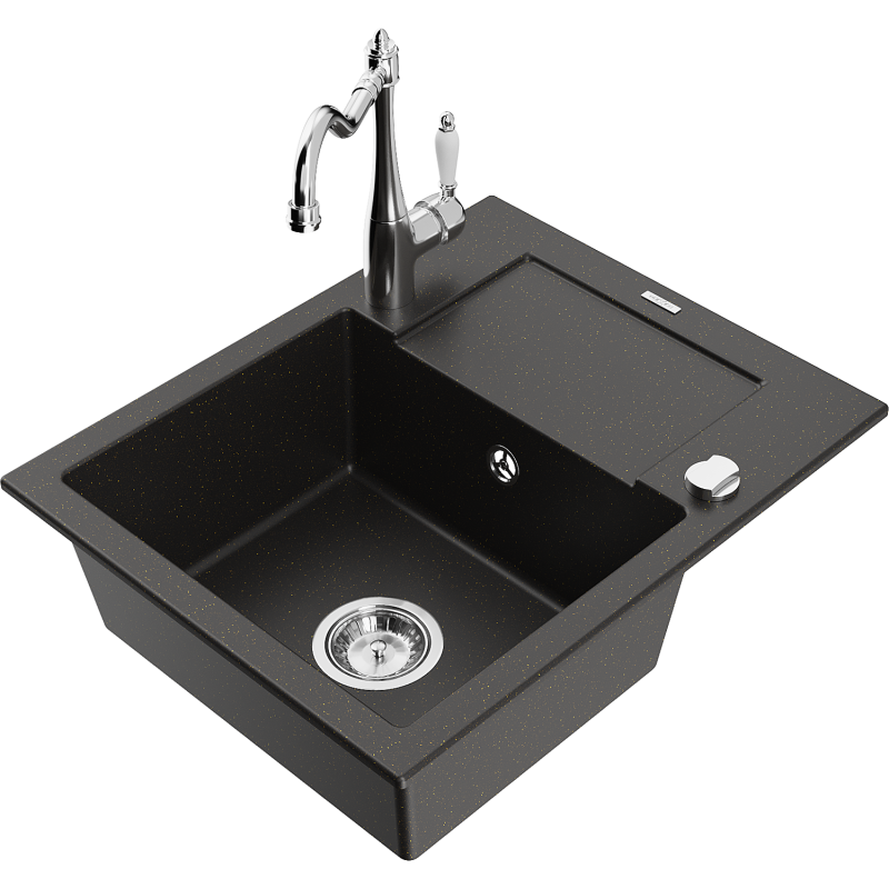 Mexen Enzo zlewozmywak granitowy 1-komorowy z ociekaczem i baterią kuchenną Carla, czarny/złoty metalik - 6506-75-670700-00