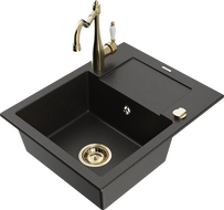 Mexen Enzo zlewozmywak granitowy 1-komorowy z ociekaczem i baterią kuchenną Carla, czarny/złoty metalik - 6506-75-670700-50