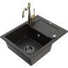 Mexen Enzo zlewozmywak granitowy 1-komorowy z ociekaczem i baterią kuchenną Carla, czarny/złoty metalik - 6506-75-670700-50-B