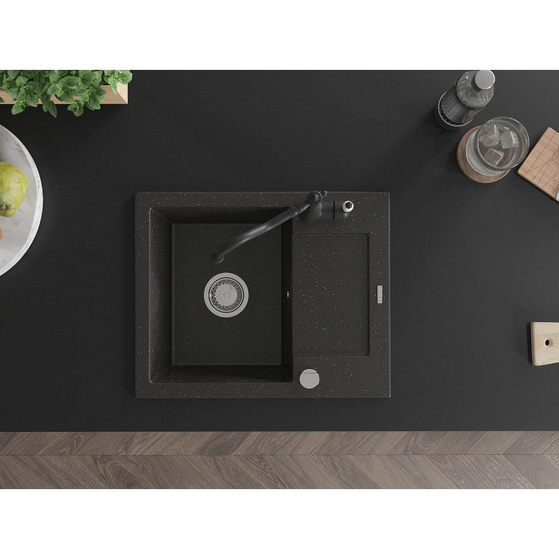 Mexen Enzo zlewozmywak granitowy 1-komorowy z ociekaczem i baterią kuchenną Carla, czarny/złoty metalik - 6506-75-670700-70