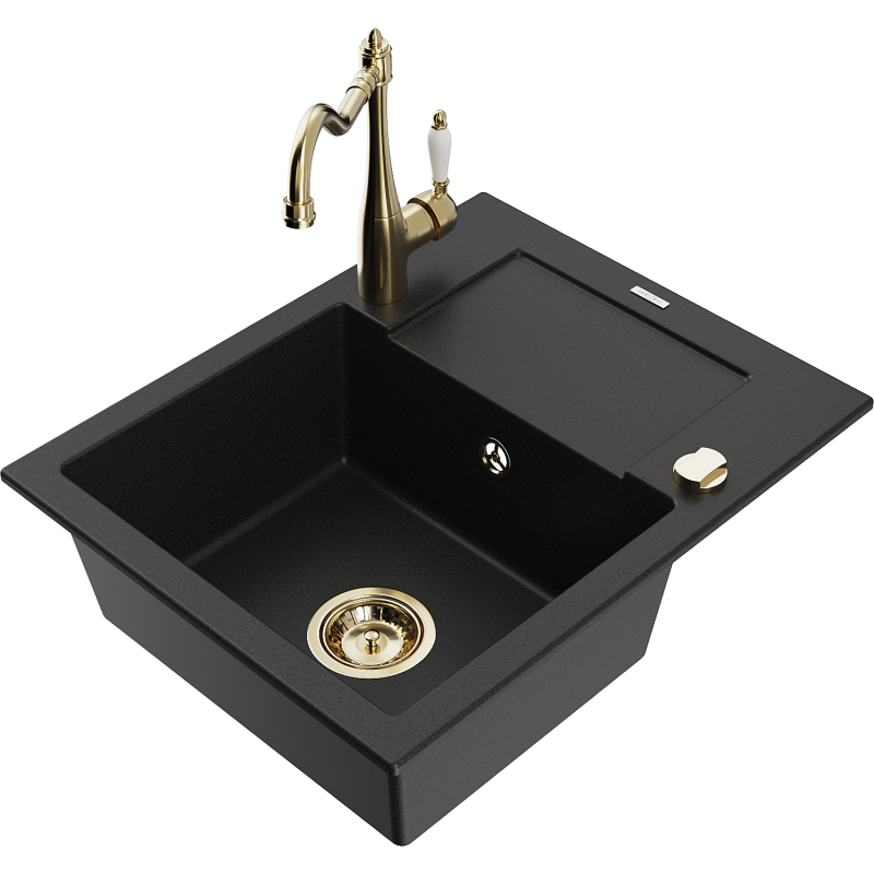 Mexen Enzo zlewozmywak granitowy 1-komorowy z ociekaczem i baterią kuchenną Carla, czarny - 6506-77-670700-50