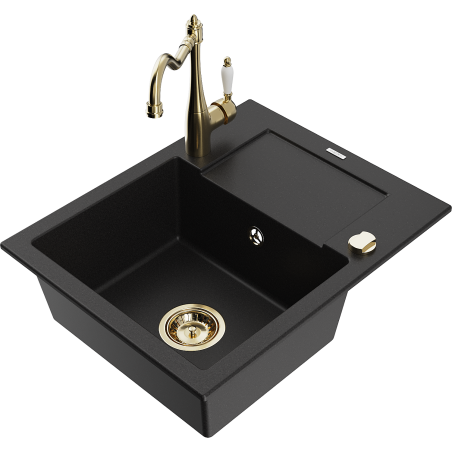 Mexen Enzo zlewozmywak granitowy 1-komorowy z ociekaczem i baterią kuchenną Carla, czarny - 6506-77-670700-50