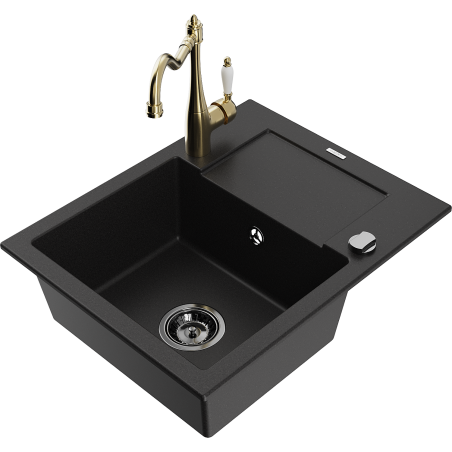 Mexen Enzo zlewozmywak granitowy 1-komorowy z ociekaczem i baterią kuchenną Carla, czarny - 6506-77-670700-50-B